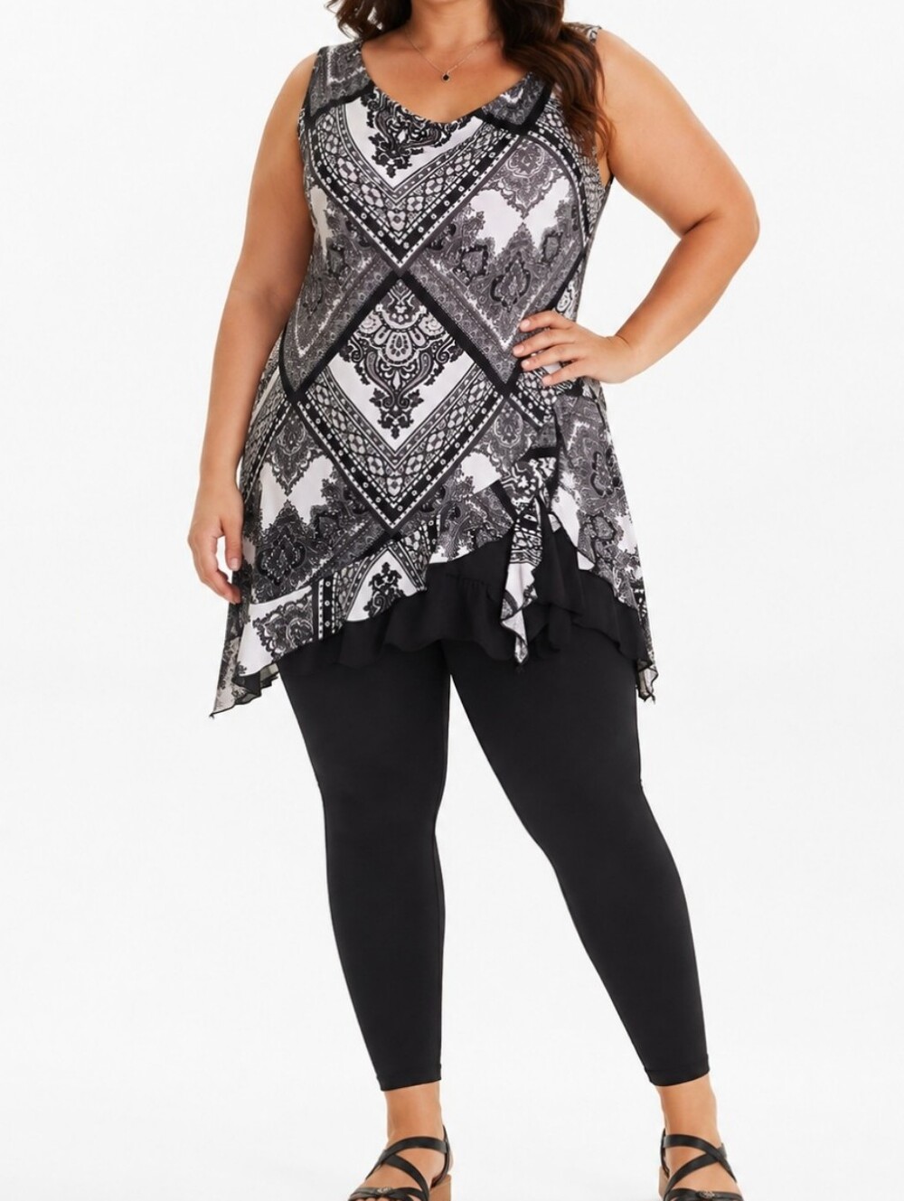 Clientele Black White Paisley Asymmetrical Ruffle Hem Tunic Top Made in Canada
